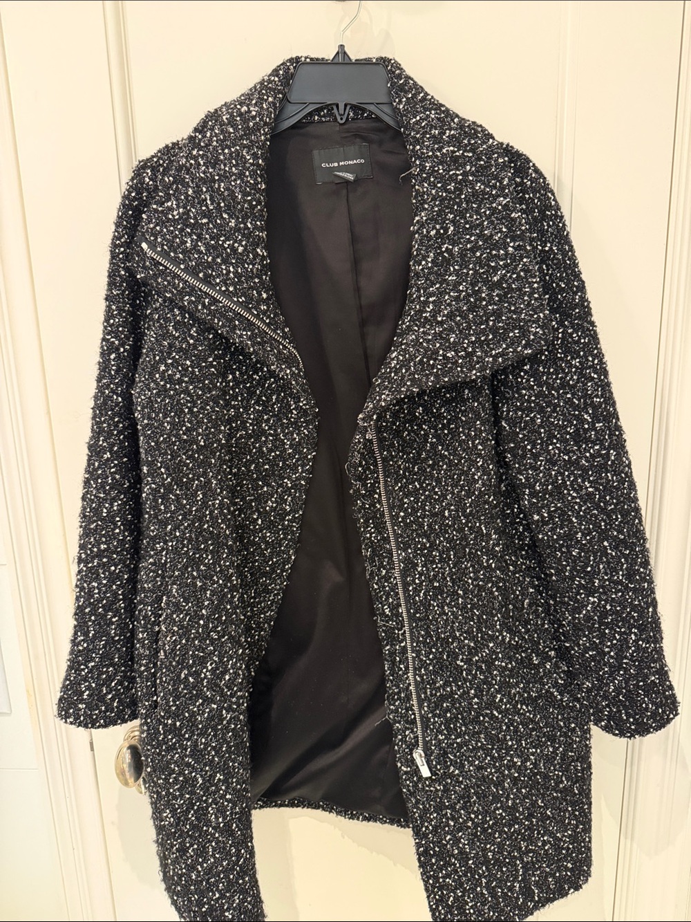 Club Monaco Black & White Bouclé Asym Zip Pea Coat
